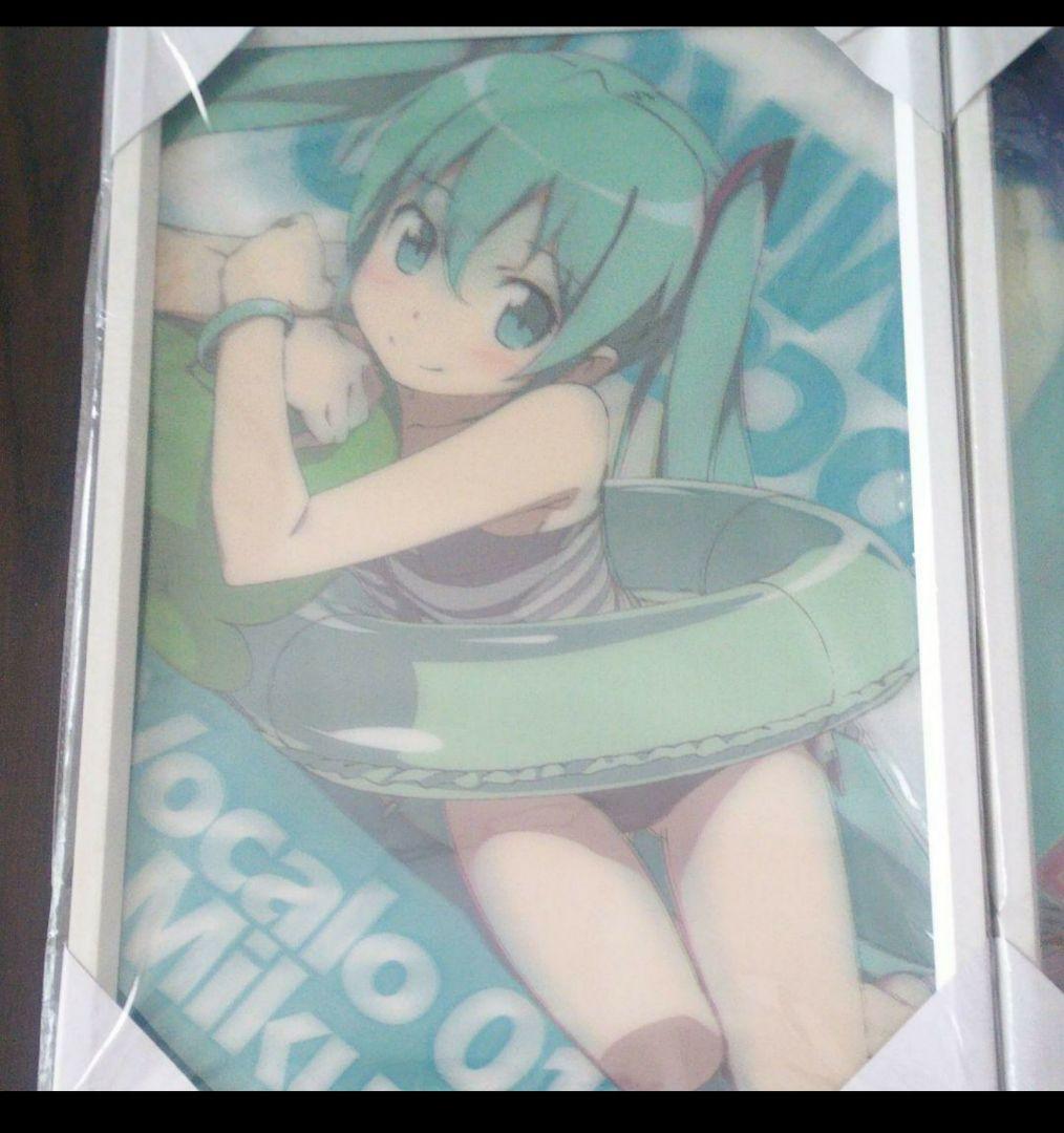 初音ミク 3Dポスター(水着、額縁入り)２枚セット+旗(壁掛けタペストリー)１枚