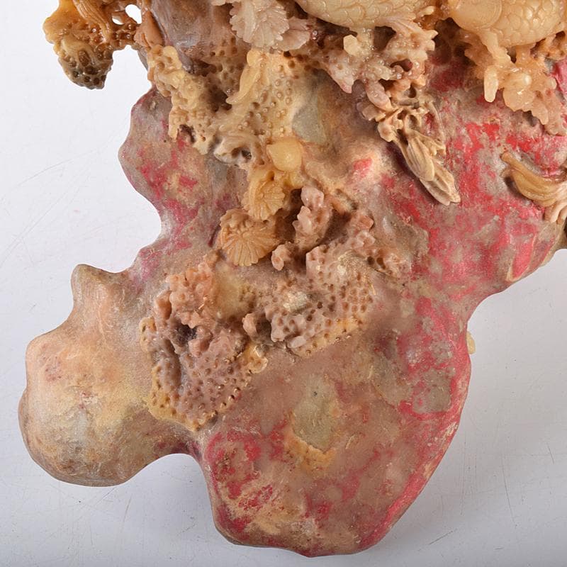 中国　玉石昌化鶏血石　魚蟹海老花刻　置物　床飾　約6㎏　F　R7946B