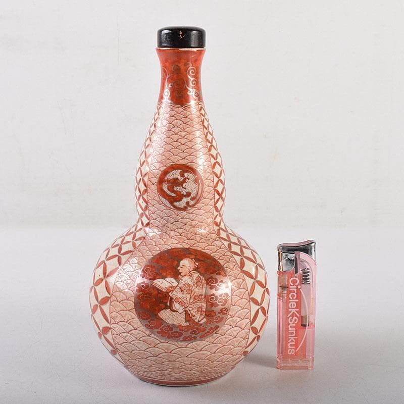 九谷焼　赤絵　人物文　葫蘆瓶　徳利　時代箱付　M　R8640