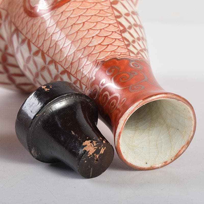 九谷焼　赤絵　人物文　葫蘆瓶　徳利　時代箱付　M　R8640