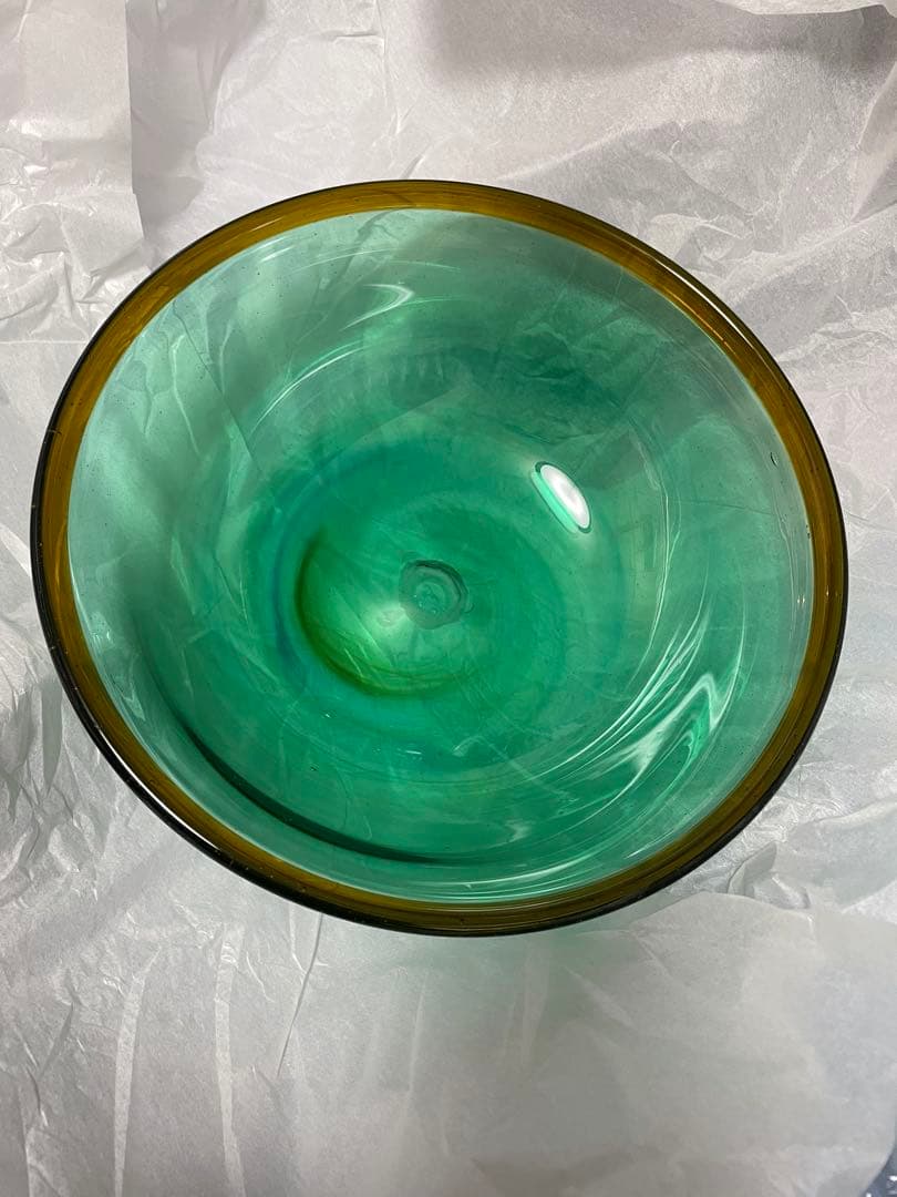 三宅義一作 吹きガラス緑大鉢 ボウル 緑色と茶色のグラデーション