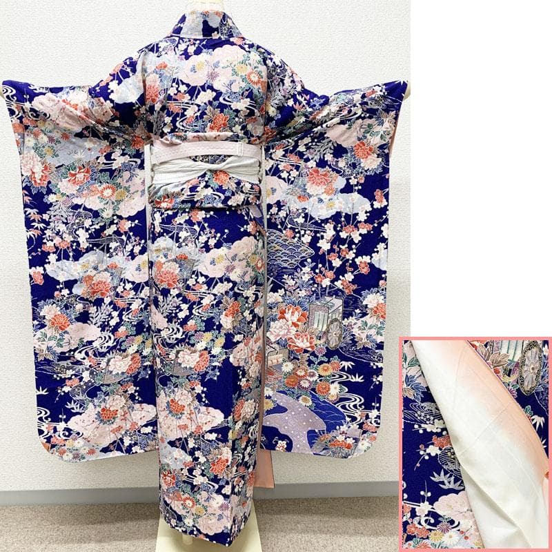 412z18☆振袖 小紋柄 金銀彩 地紋 型染め 古典柄☆美品 成人式 結婚式