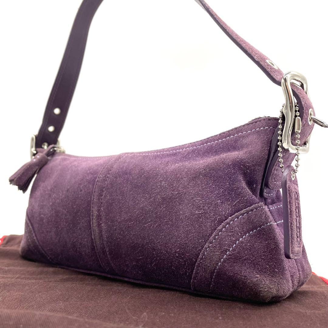 【希少】コーチ　アクセサリーポーチ　フリンジ　スエード　シグネチャー　パープル