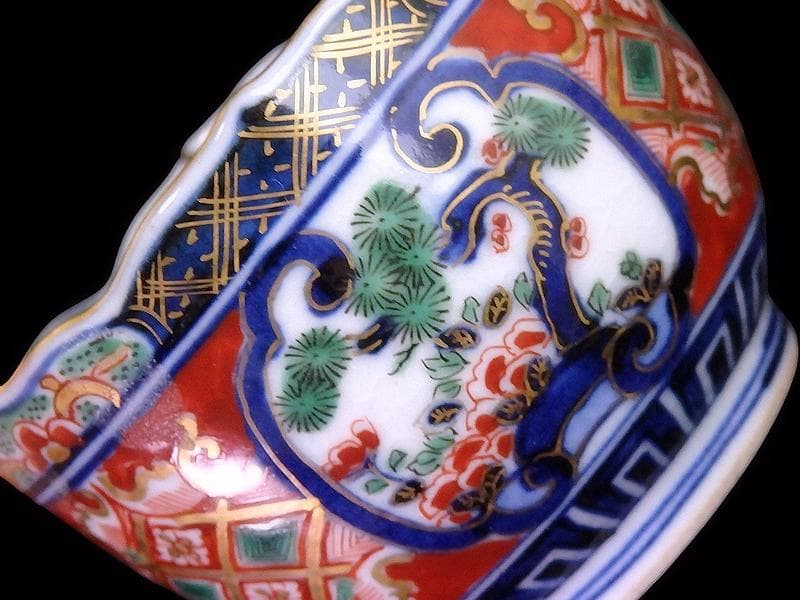 大聖寺伊万里　金襴手　窓絵　松竹梅の図　猪口　５客　E047AS-DCf