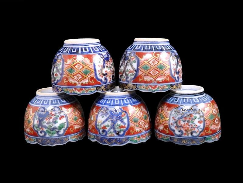 大聖寺伊万里　金襴手　窓絵　松竹梅の図　猪口　５客　E047AS-DCf