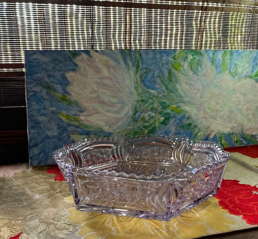 骨董　時代ガラス　プレスガラス　希少　淡紫色　クリスタルカット　菓子鉢　大鉢