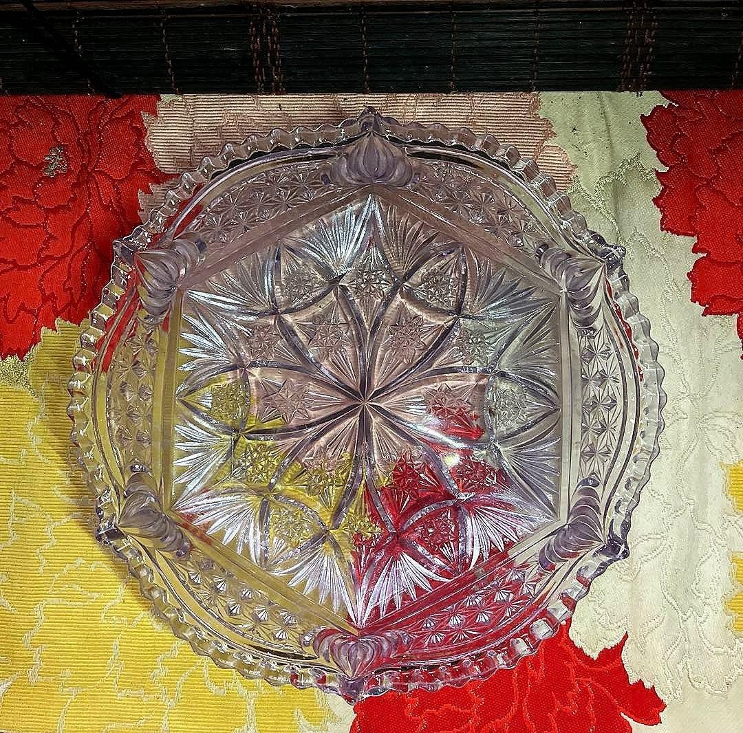 骨董　時代ガラス　プレスガラス　希少　淡紫色　クリスタルカット　菓子鉢　大鉢