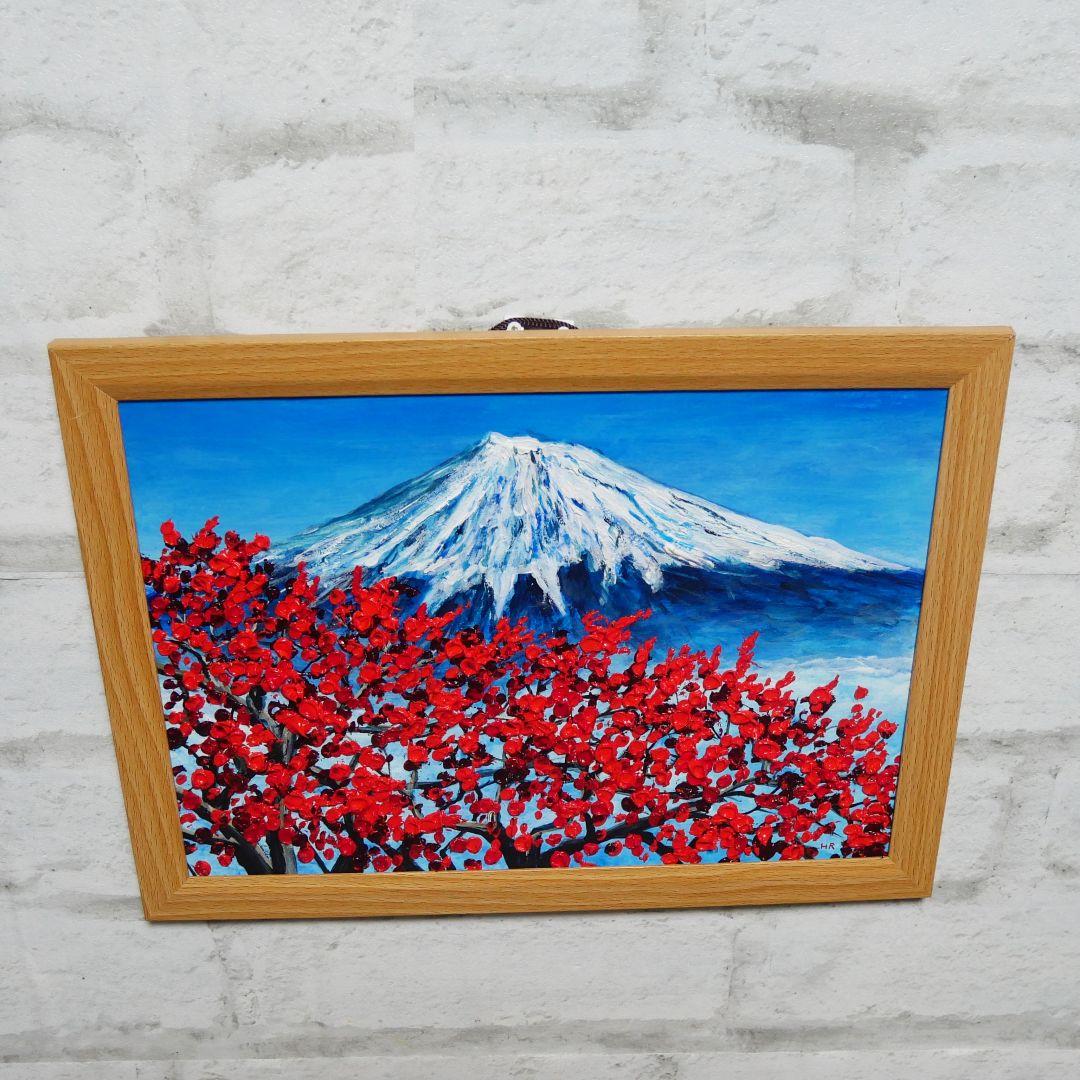 油絵 油彩 油彩画 絵 絵画【富士山と梅の花】