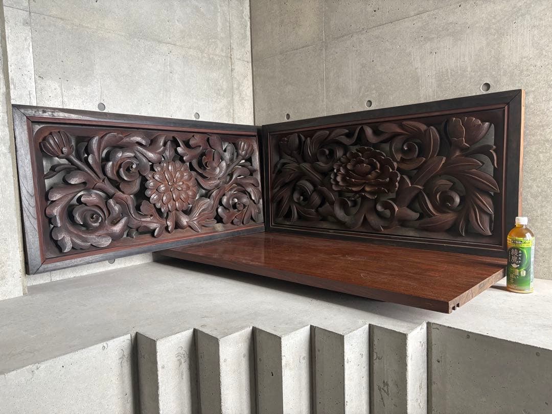 欄間　 らんま　檜？木彫り　各々１４ｋｇ弱　どっしり　アンティーク　菊　蓮？