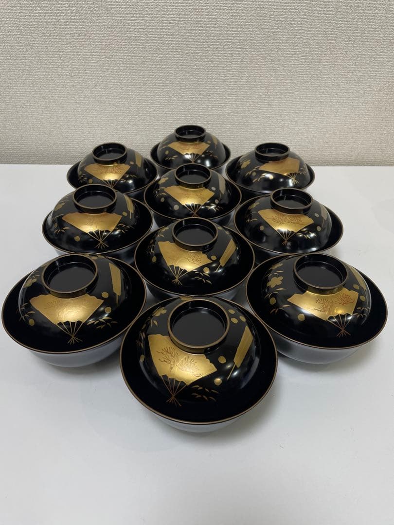 漆器 輪島塗 金蒔絵 扇柄 黒 内黒 吸物 割烹 蓋付き10客個 お煮物椀