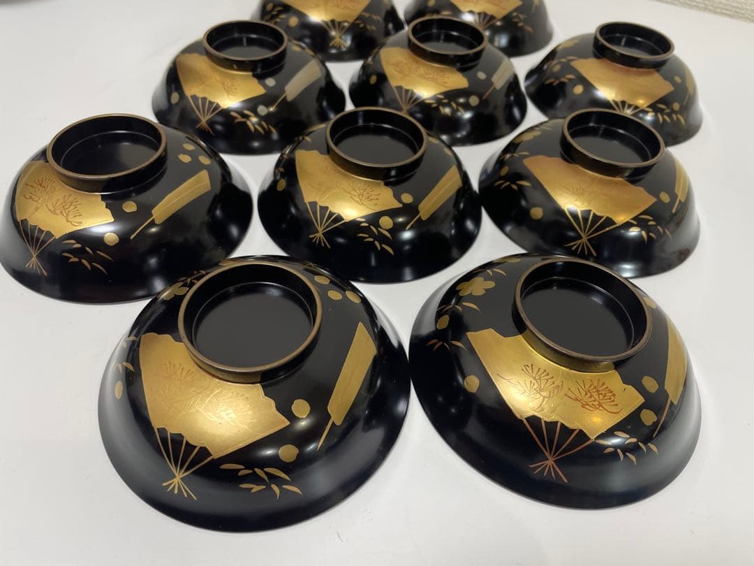 漆器 輪島塗 金蒔絵 扇柄 黒 内黒 吸物 割烹 蓋付き10客個 お煮物椀