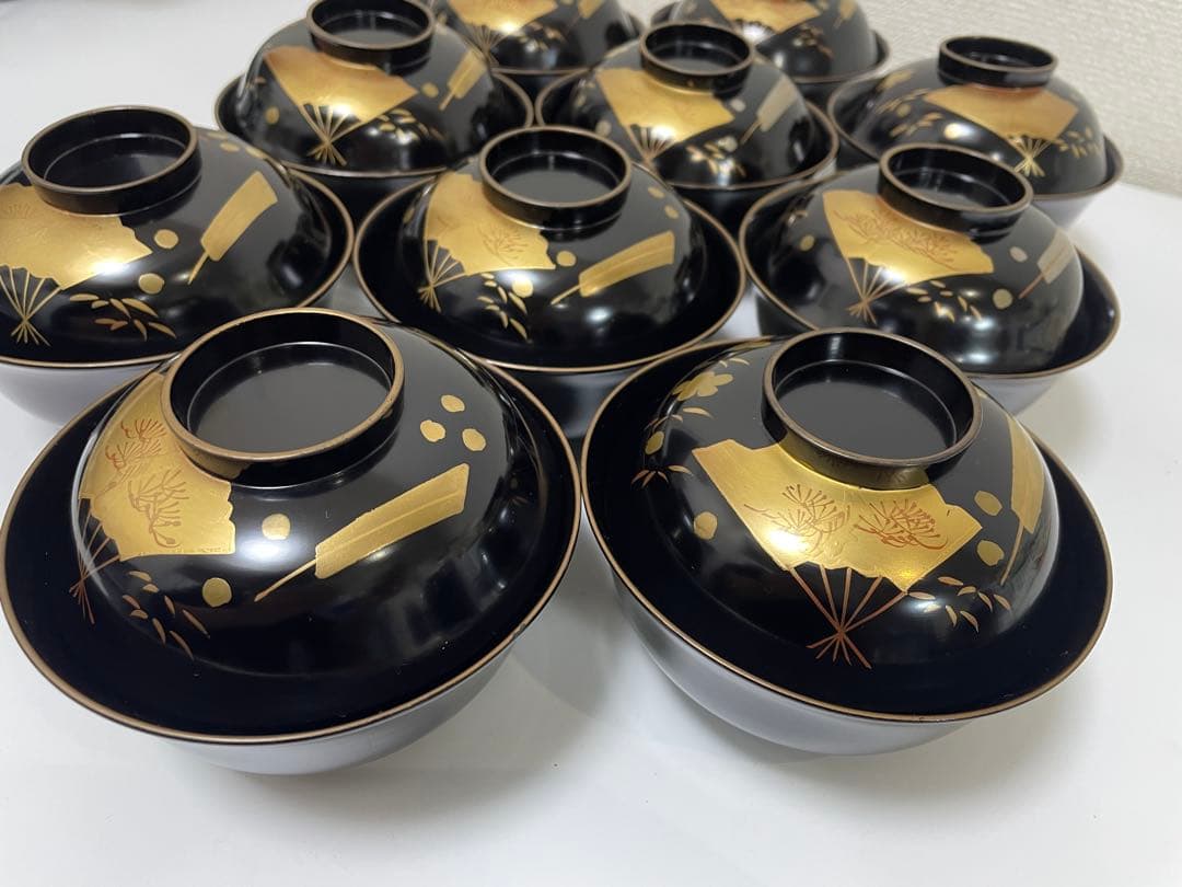 漆器 輪島塗 金蒔絵 扇柄 黒 内黒 吸物 割烹 蓋付き10客個 お煮物椀