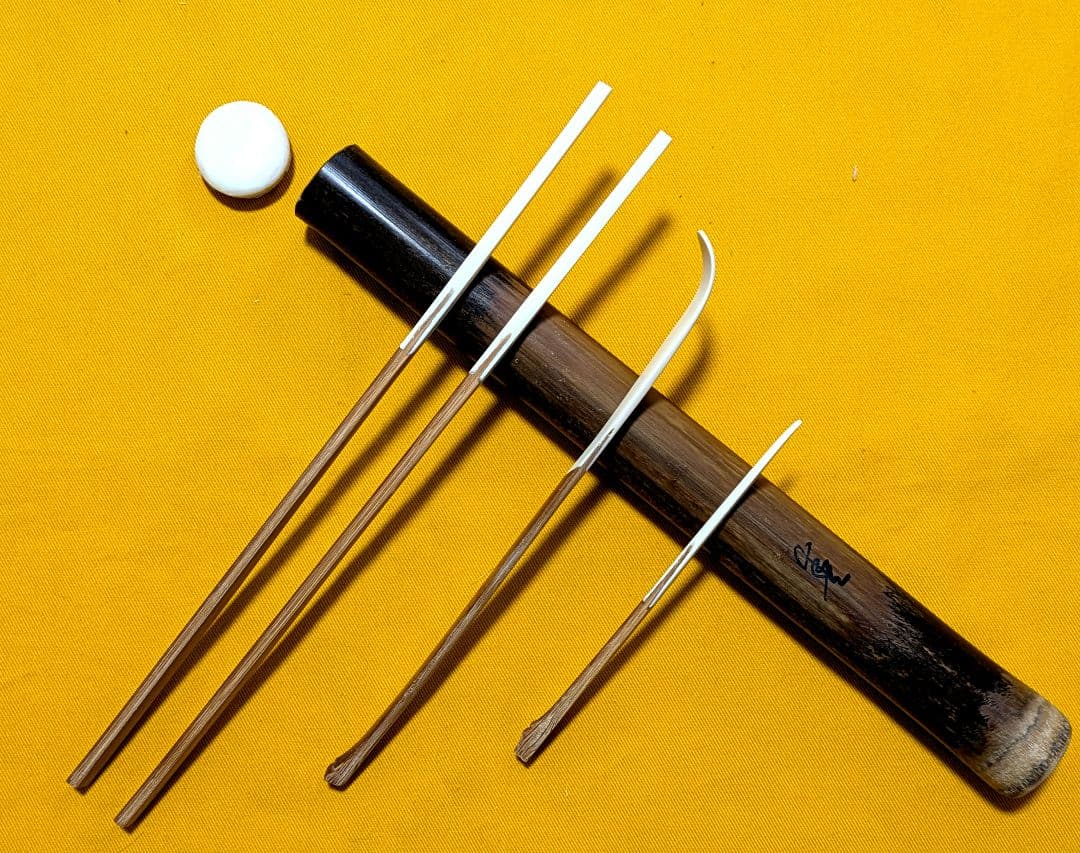 【閉店売り尽し】本煤竹挟継茶杓・菓子箸・菓子切3点セット