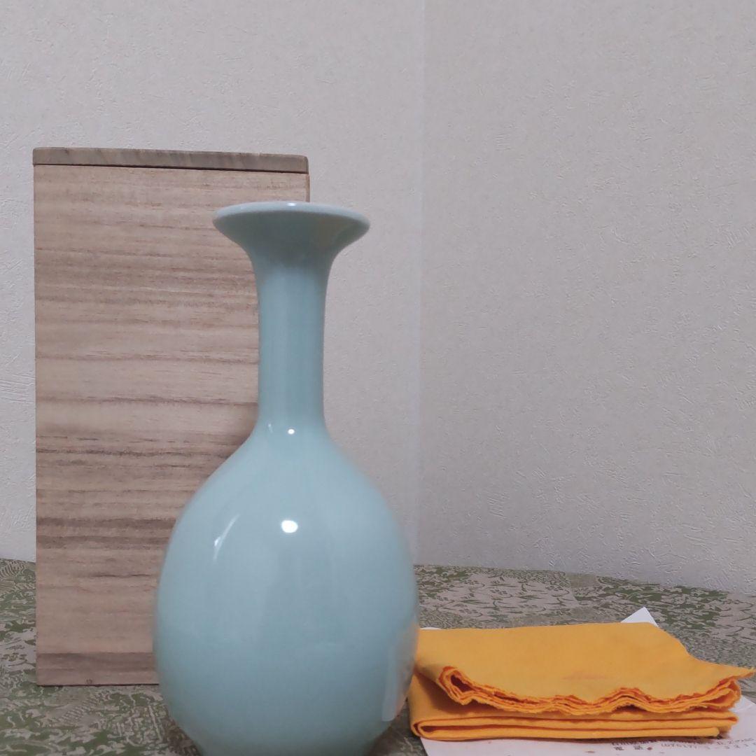 九谷焼作家池島保雄作　青白瓷花入れ　【共箱】【共布】【陶歴】