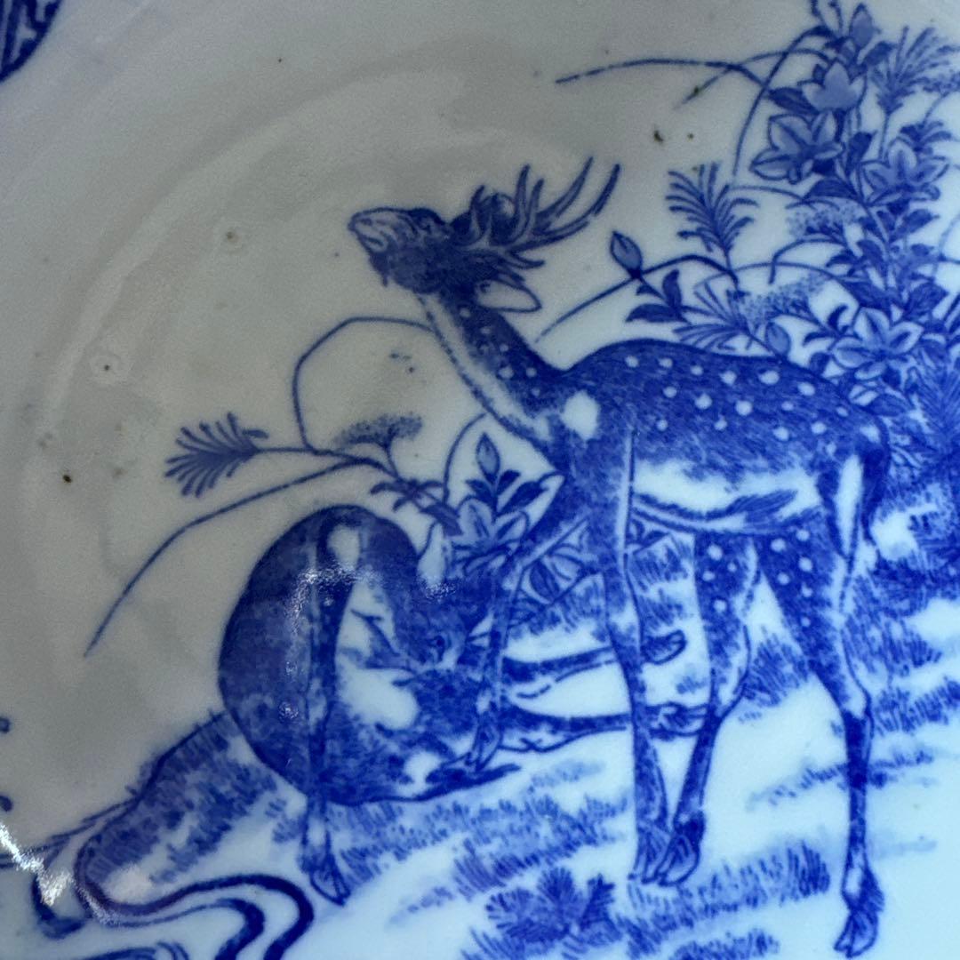 明治〜大正期 古伊万里 印判手 鹿に鳳凰龍人物文 丸鉢　K264