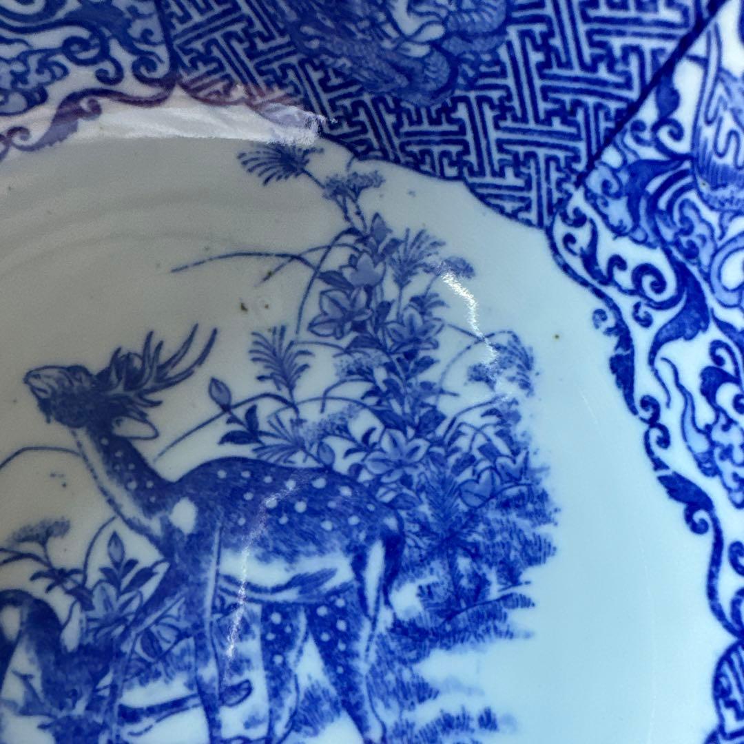 明治〜大正期 古伊万里 印判手 鹿に鳳凰龍人物文 丸鉢　K264