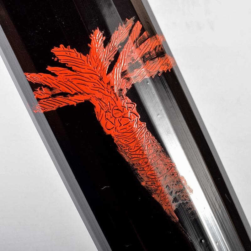 茶道具　田辺竹雲斎造　黒漆　蘇鉄図　竹花入　共箱　V　R5127