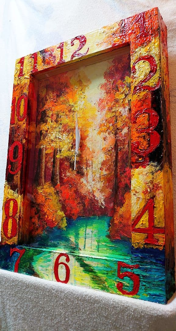 油絵 絵画 時計【紅葉の湖】