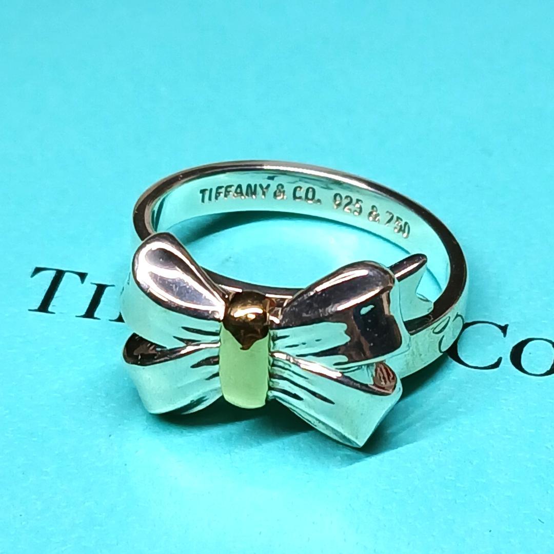 ティファニー 未使用に近い 約13号 リボンリング K18 シルバー コンビ②
