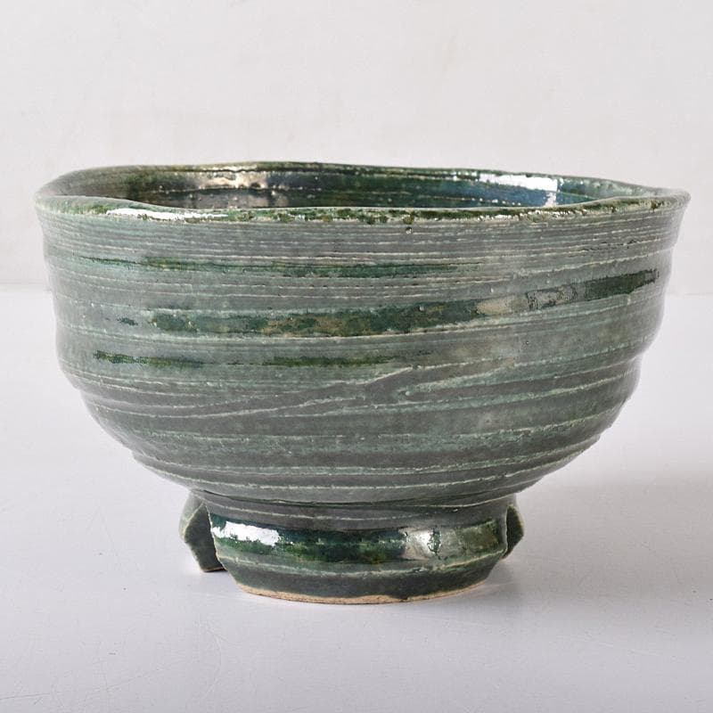 北大路魯山人作　織部焼　於里辺　茶碗　共布共箱　M　R8325