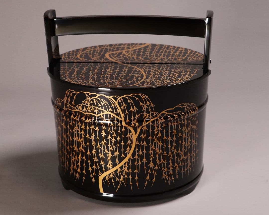 茶道具 輪島塗 若島孝雄 柳 金蒔絵 手桶 水指 共箱 黒塗 木製【MA187】