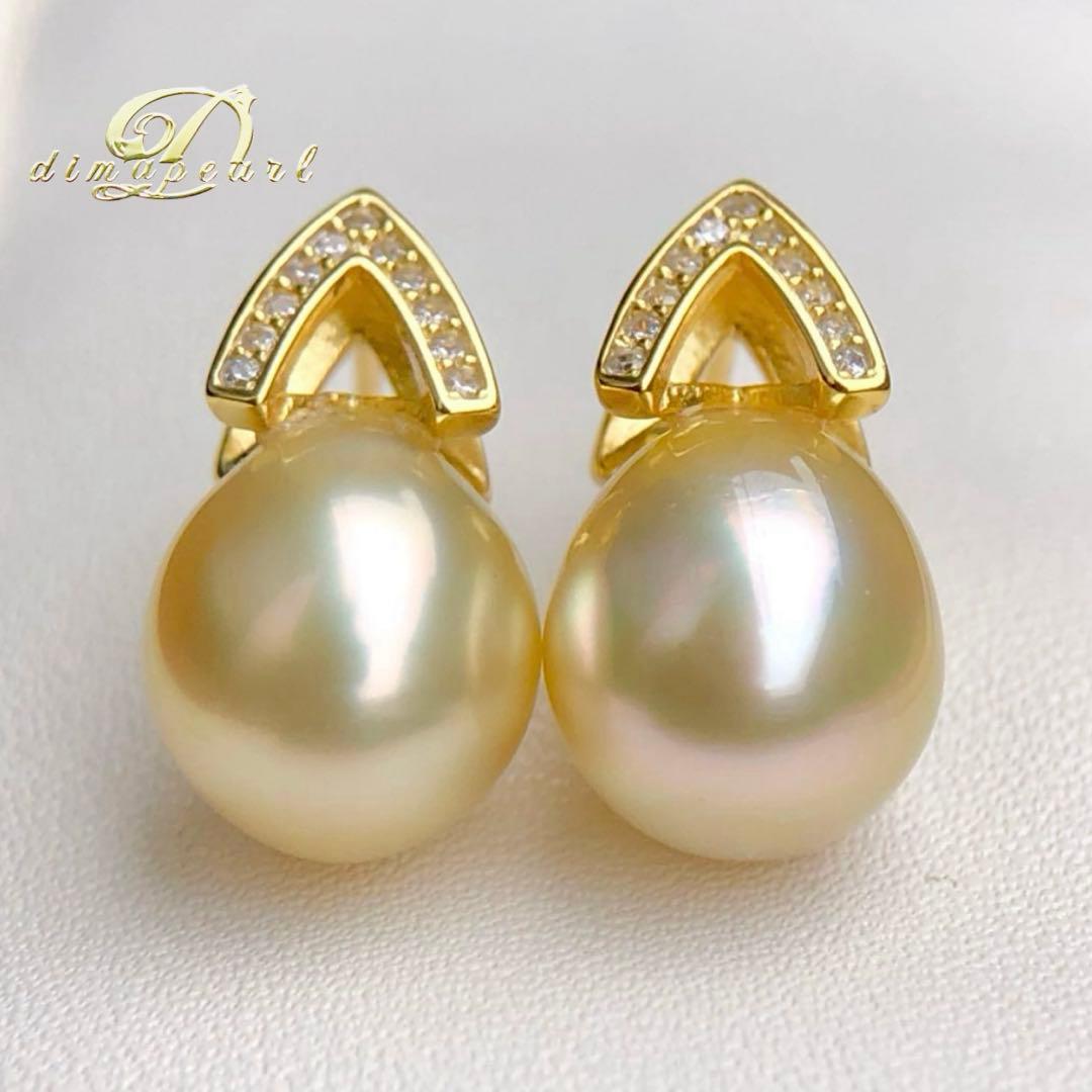 本真珠南洋白蝶真珠　レモン茶金11.4×9.8㍉s925ピアスBL915