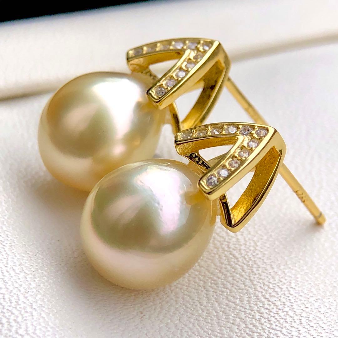 本真珠南洋白蝶真珠　レモン茶金11.4×9.8㍉s925ピアスBL915