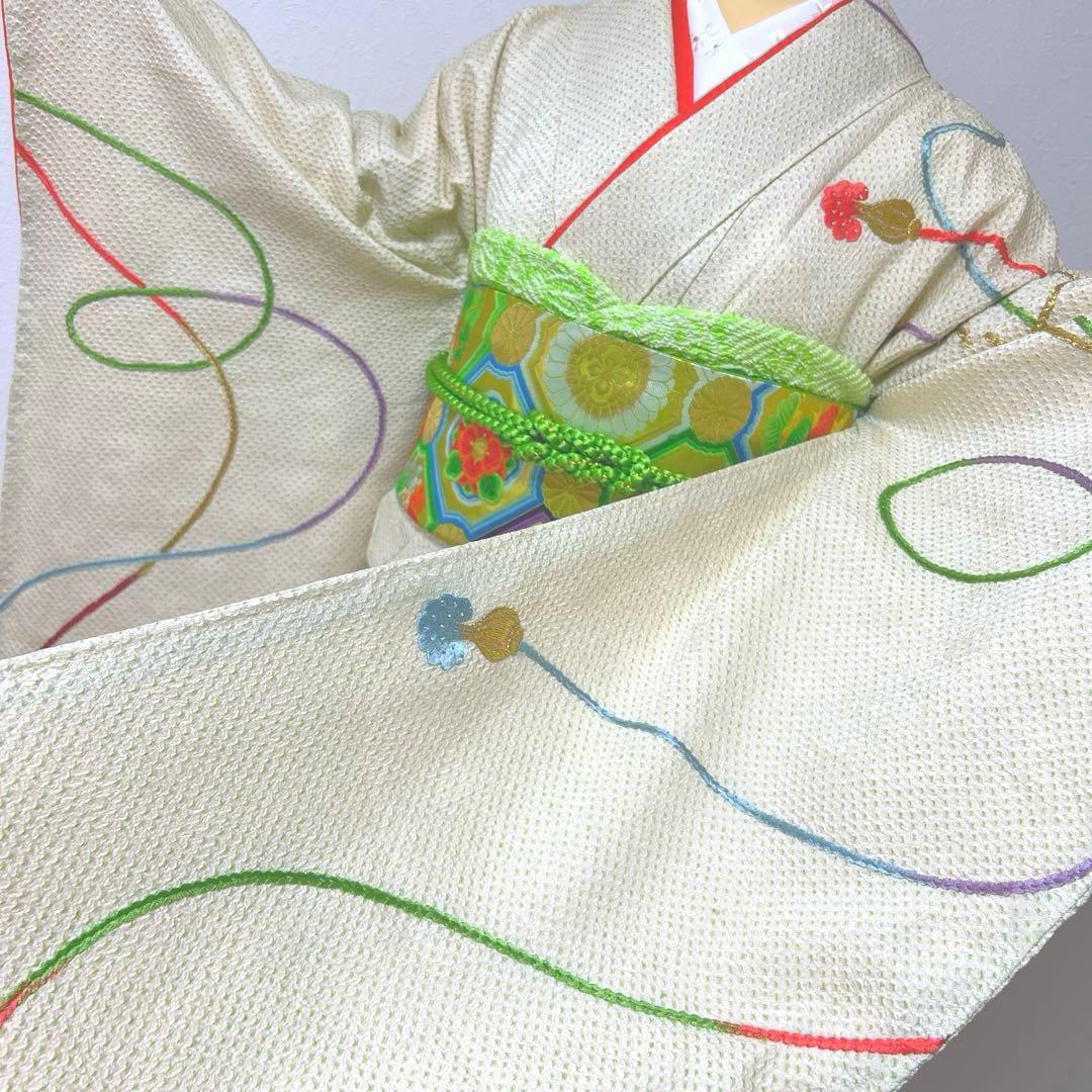 381 振袖フルセット 正絹 黄緑 グリーン 絞り 総刺繍 駒刺繍 レトロ