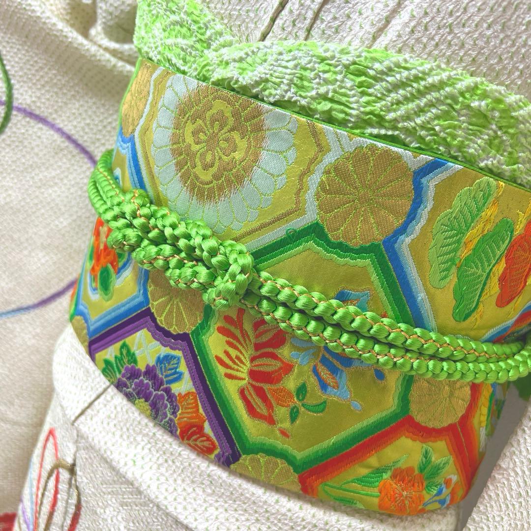 381 振袖フルセット 正絹 黄緑 グリーン 絞り 総刺繍 駒刺繍 レトロ