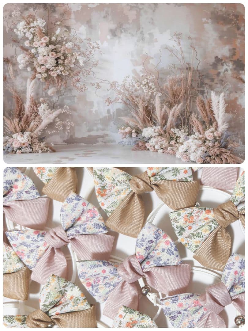 秋色花柄リボン100個　くすみカラー　業務用トリミングチョーカー　ピンクベージュ