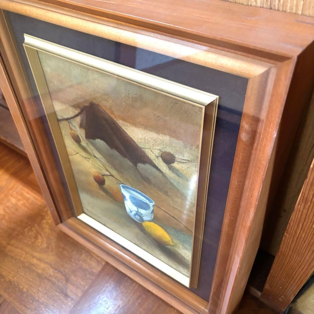 静物画 油彩 レモンとカップ　額縁つき　油絵