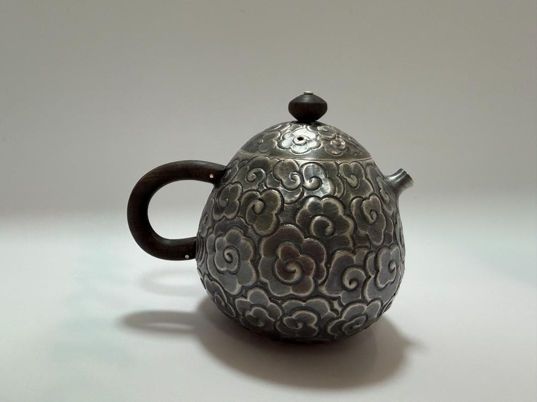純銀製 丸形 雲文様 急須 銀瓶 煎茶道具