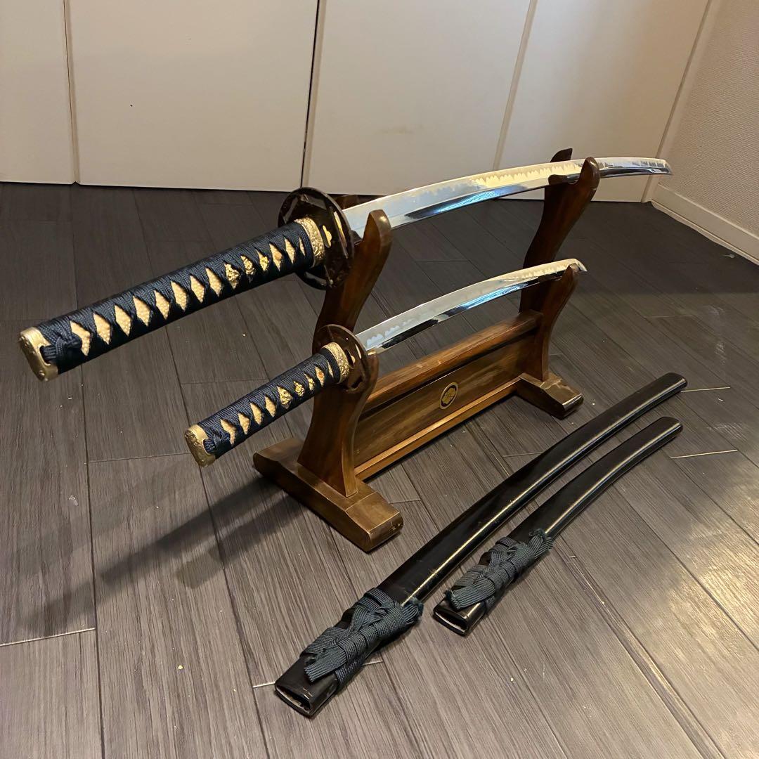 高級模造刀　金鍔　美術刀剣　太刀　脇差　大小セット　緑拵え　2本セット