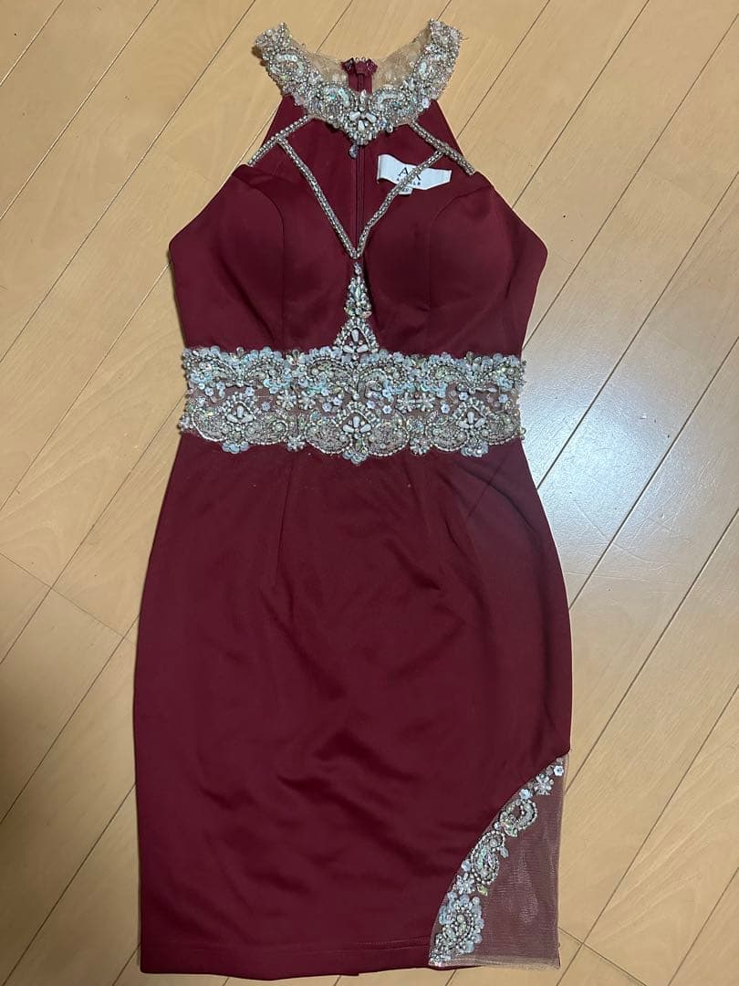 Angel Rバーガンディ ビーズ刺繍 ハイネックドレス