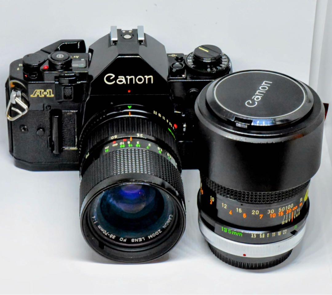 【AE動作確認済】キヤノンA-1、35-70mmズーム、135mm望遠、電池付き