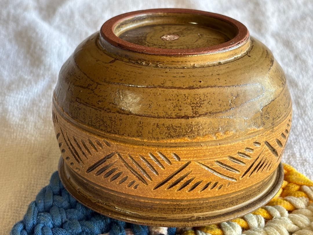 京焼　茶道具　彫三島建水　アンティーク置物