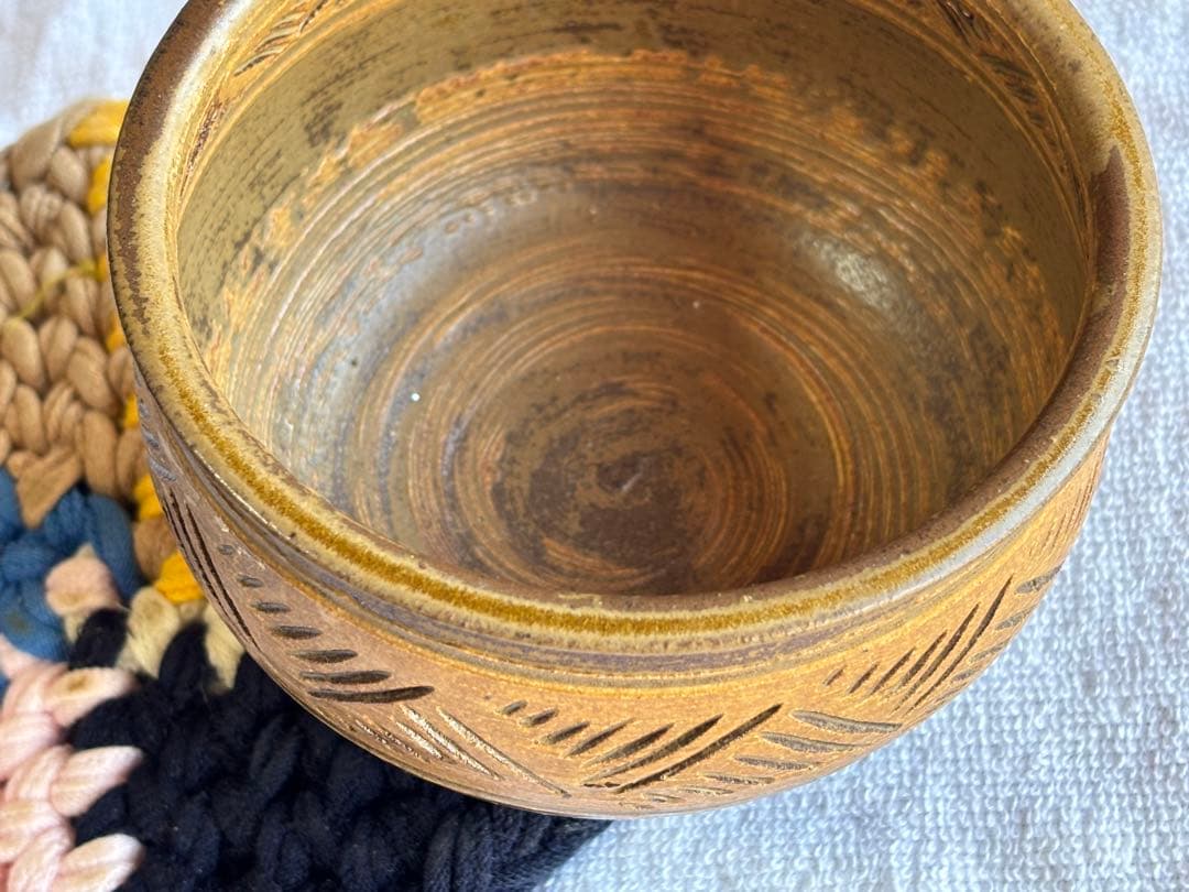 京焼　茶道具　彫三島建水　アンティーク置物