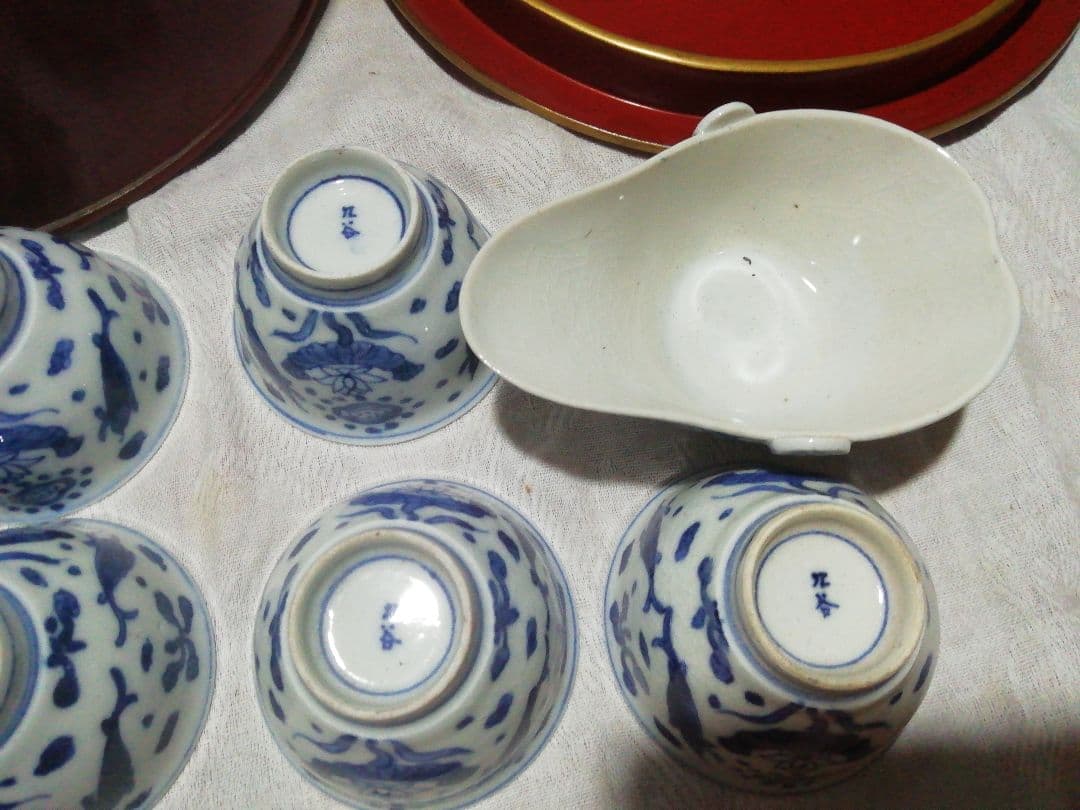 ♪時代九谷染付 煎茶揃い　朱漆茶櫃共