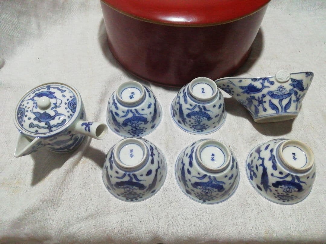 ♪時代九谷染付 煎茶揃い　朱漆茶櫃共
