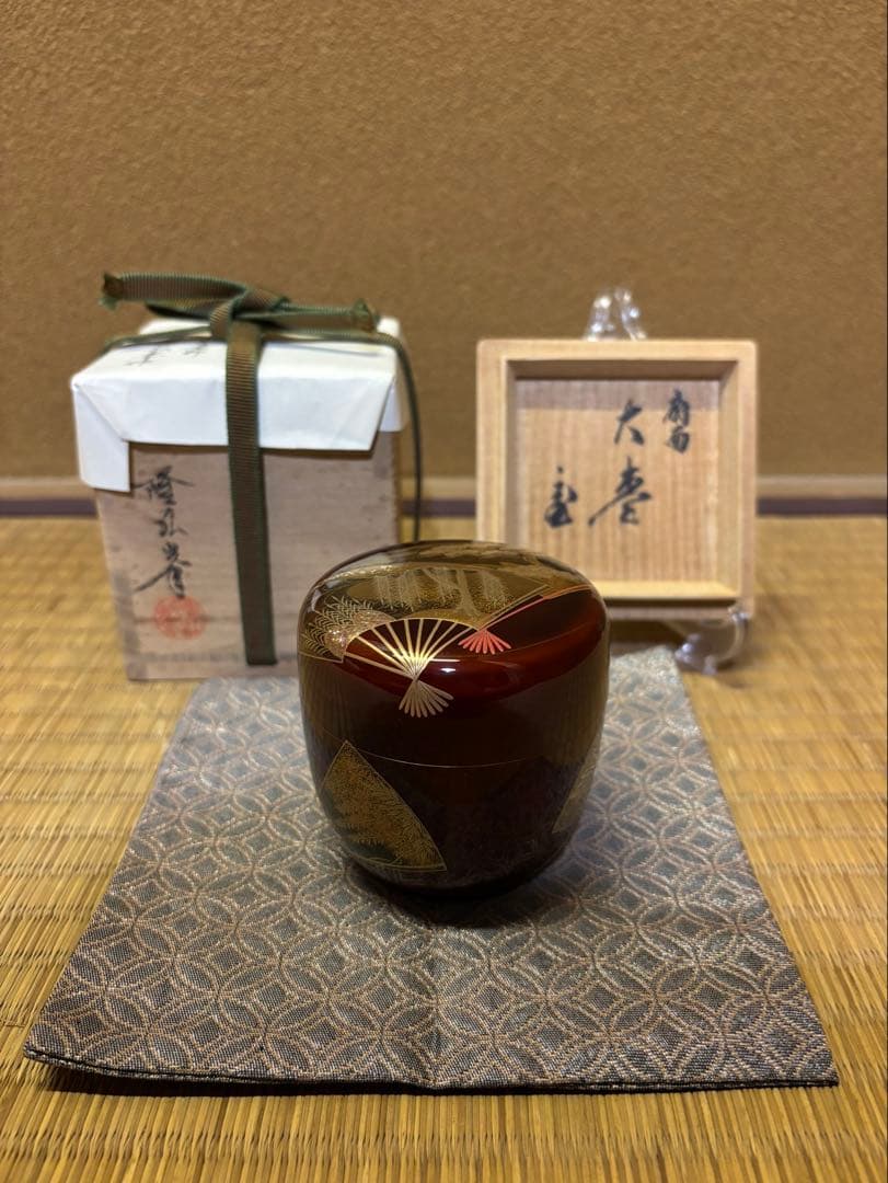鵬雲斎　箱書　加賀蒔絵　岩倉隆弘峯　扇面大棗　棗　茶器　茶道具　山中塗