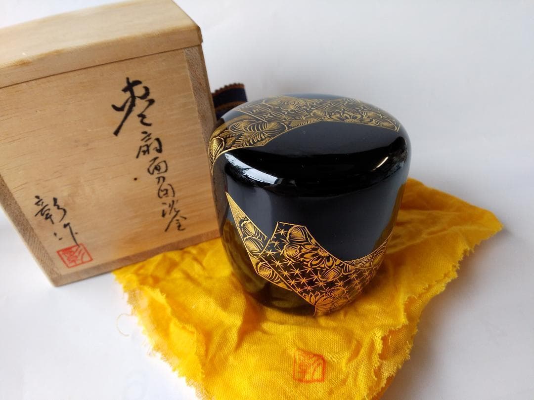 輪島塗 加門彰 作『 棗 扇面乃図 沈金 』漆器 漆芸 茶道具 共箱 共布 新品