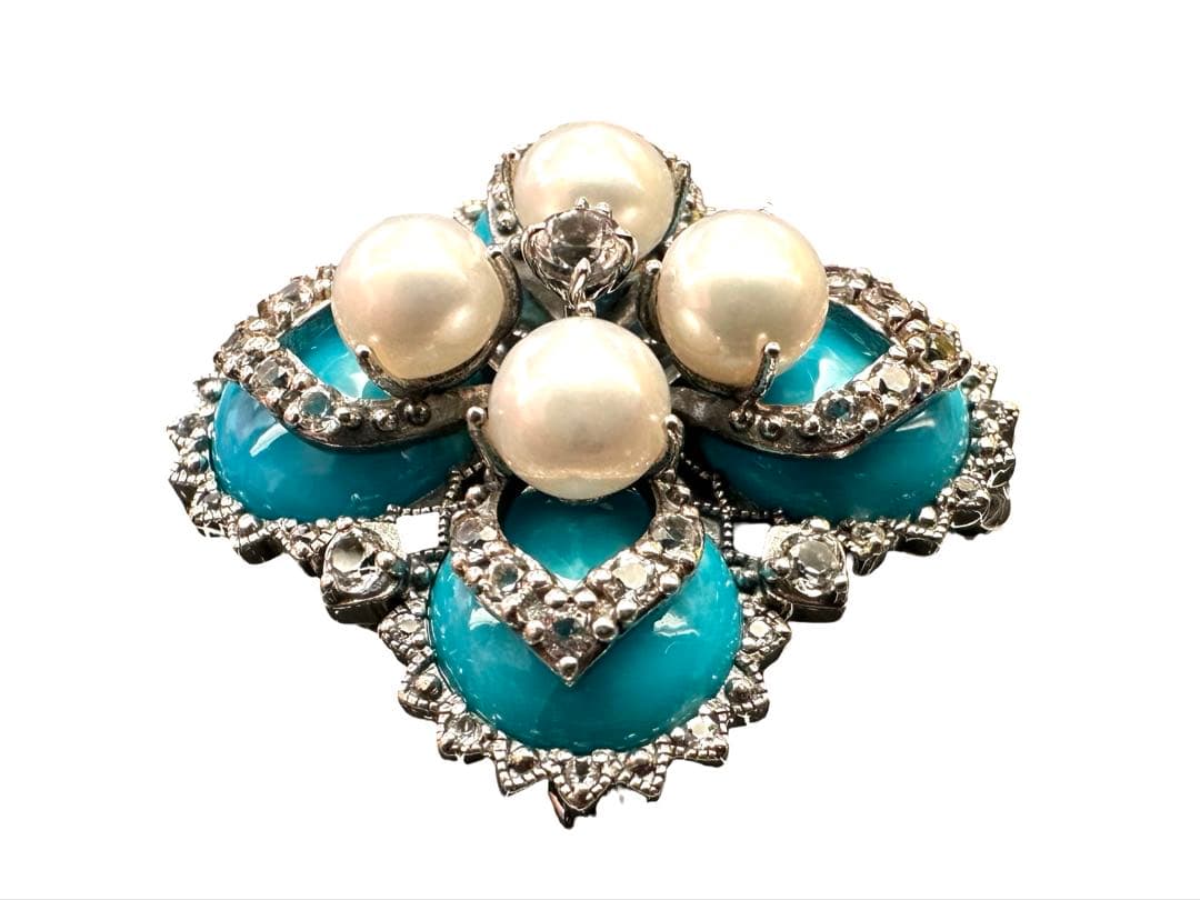 碌山　ターコイズとパールのブローチ