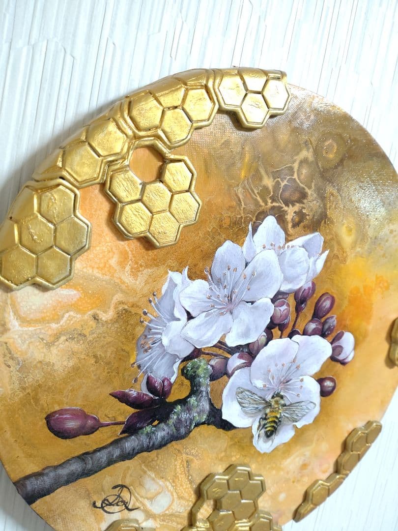 花と蜂の油絵【蜂と杏子】1点物の原画/作者サイン入り/真作/油彩画/希少品