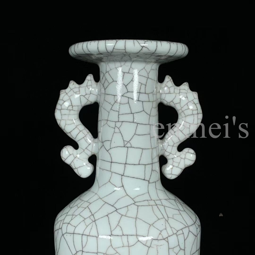 中国古美術・旧蔵品 宋代 官窑 双凤耳瓶・冰裂纹・青灰釉・花瓶・置物・茶道・文房