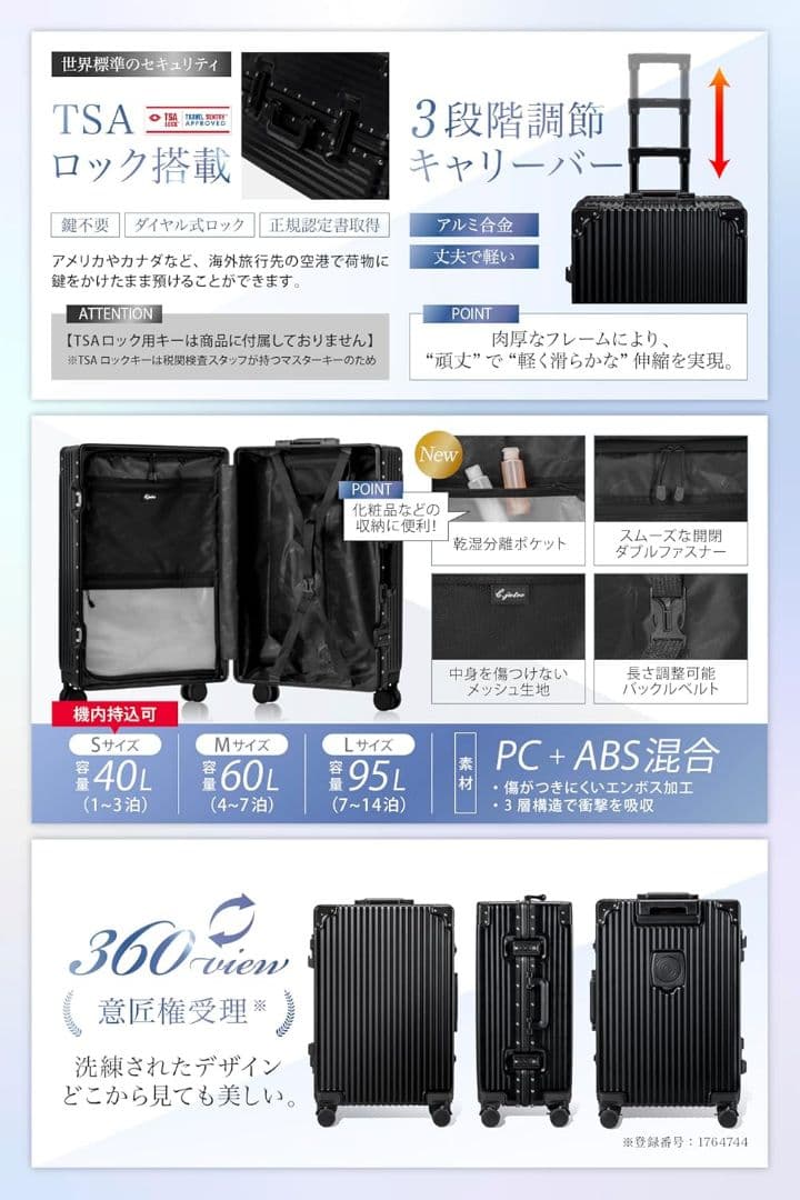 C.jutro Sサイズ ブラック 機内持込 スーツケース キャリーケース 黒