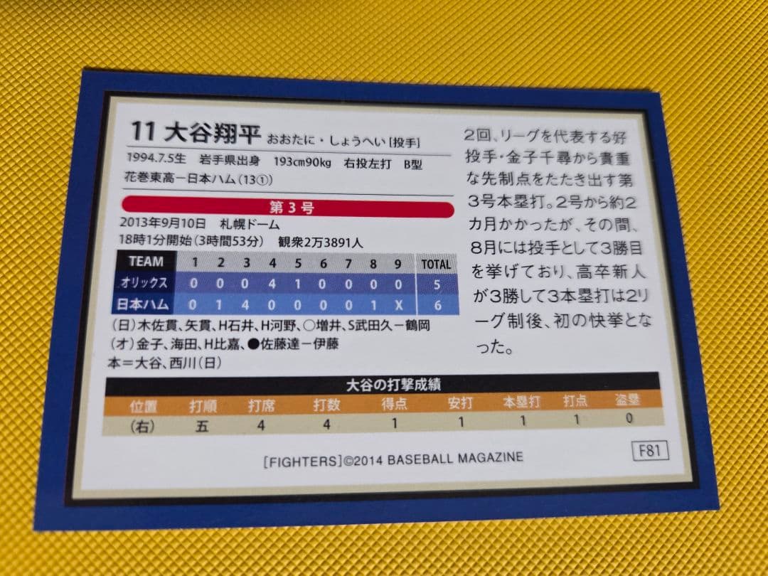 BBM2014 日本ハム 大谷翔平 1st~3WIN 1st~3HR 6枚セット