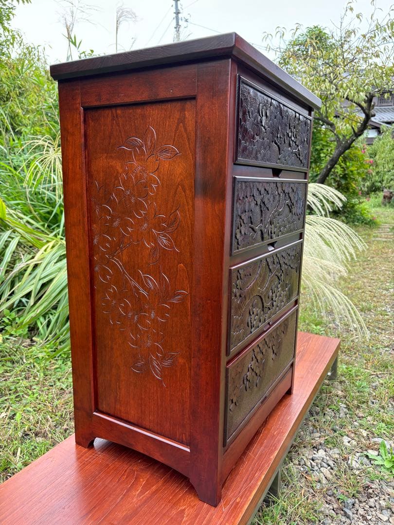 大坂屋家具店　軽井沢彫　4段チェスト　桜彫刻　伝統工芸　小箪笥