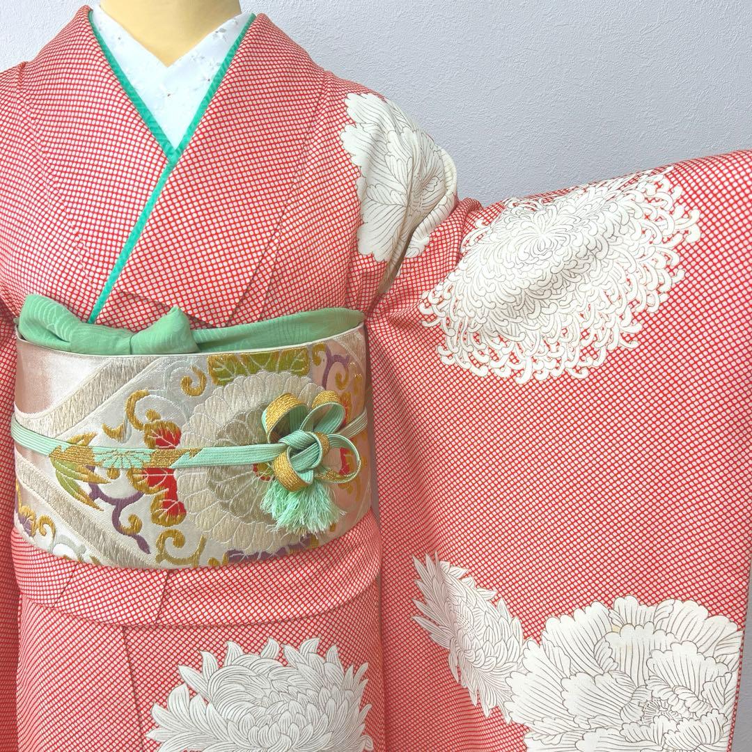373 振袖フルセット 正絹 朱赤 橙オレンジ 金彩 手描き 小柄さん レトロ