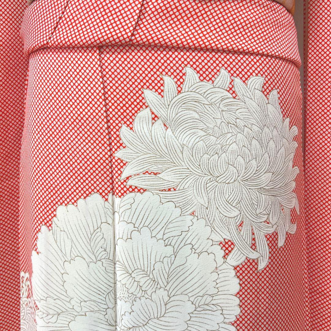 373 振袖フルセット 正絹 朱赤 橙オレンジ 金彩 手描き 小柄さん レトロ