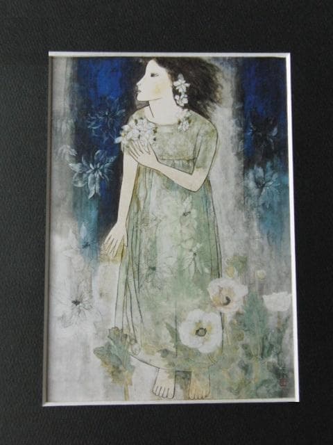 菊川三織子、【白い花】、希少な額装用画集より、新品額装付、状態良好